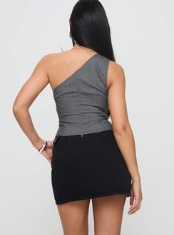 back view of model wearing Princess Polly Wait Up Denim Wrap Mini Skirt Washed Black Mini Skirts 