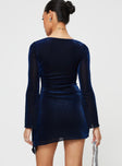 back view of model wearing Princess Polly Donelli Long Sleeve Mini Dress Navy Lower Impact Sweetheart Neckline 