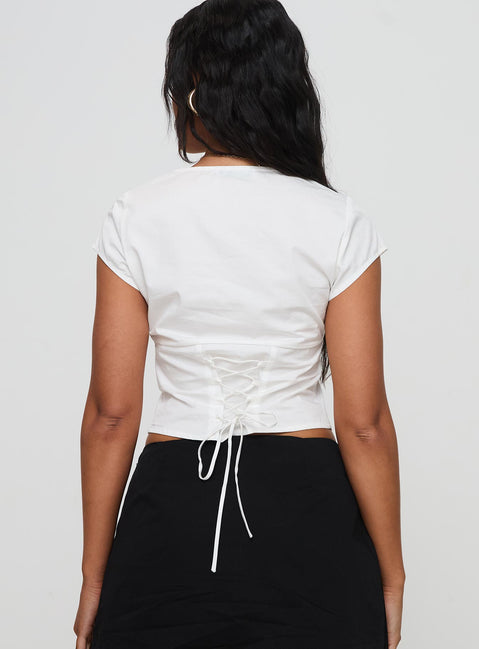 back view of model wearing Princess Polly Mikaelson Top White Short Sleeves Square Neck 