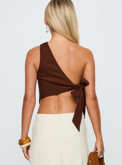 back view of model wearing Princess Polly Frankle Top Chocolate / Blue Sleeveless Asymmetric Neckline 