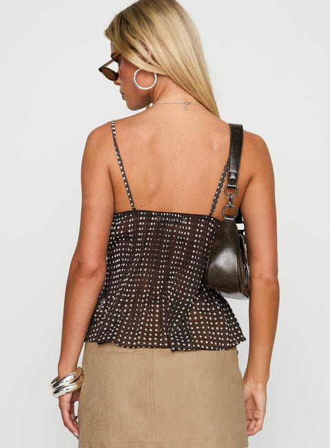 back view of model wearing Princess Polly Zami Pleat Top Brown Polka Sleeveless V-Neck 