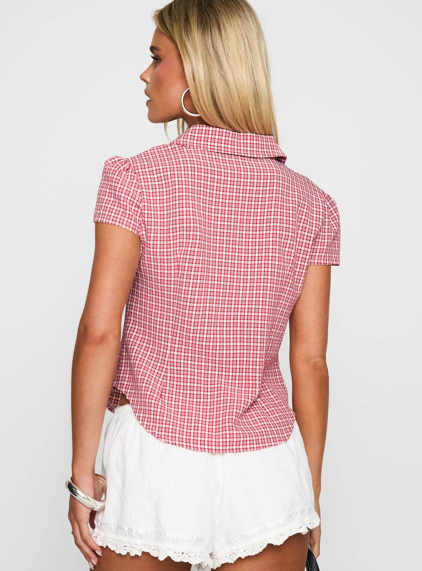 back view of model wearing Princess Polly Float Away Button Up Top Red Check Short Sleeves V-Neck 