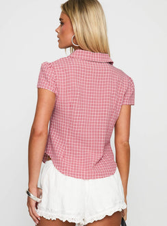 back view of model wearing Princess Polly Float Away Button Up Top Red Check Short Sleeves V-Neck 