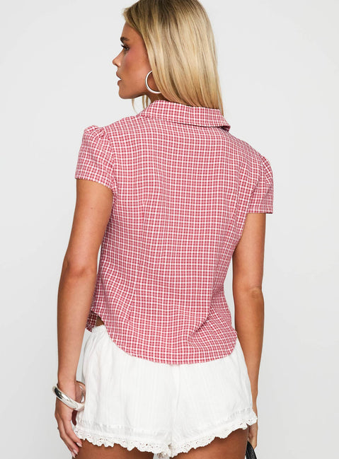 back view of model wearing Princess Polly Float Away Button Up Top Red Check Short Sleeves V-Neck 
