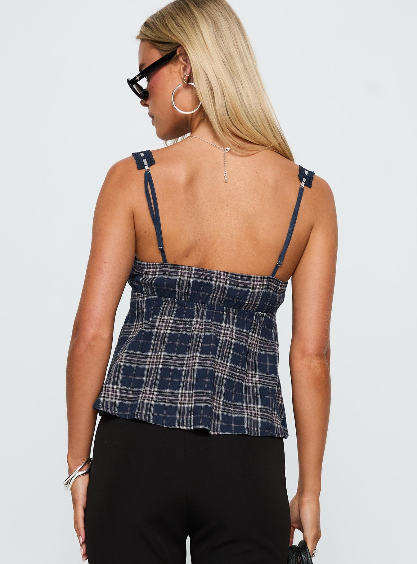 back view of model wearing Princess Polly Pretty It Up Tie Detail Top Blue Check Sleeveless V-Neck 