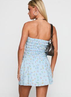 back view of model wearing Princess Polly Wishing Wells Shirred Mini Dress Blue Floral Straight Neck 