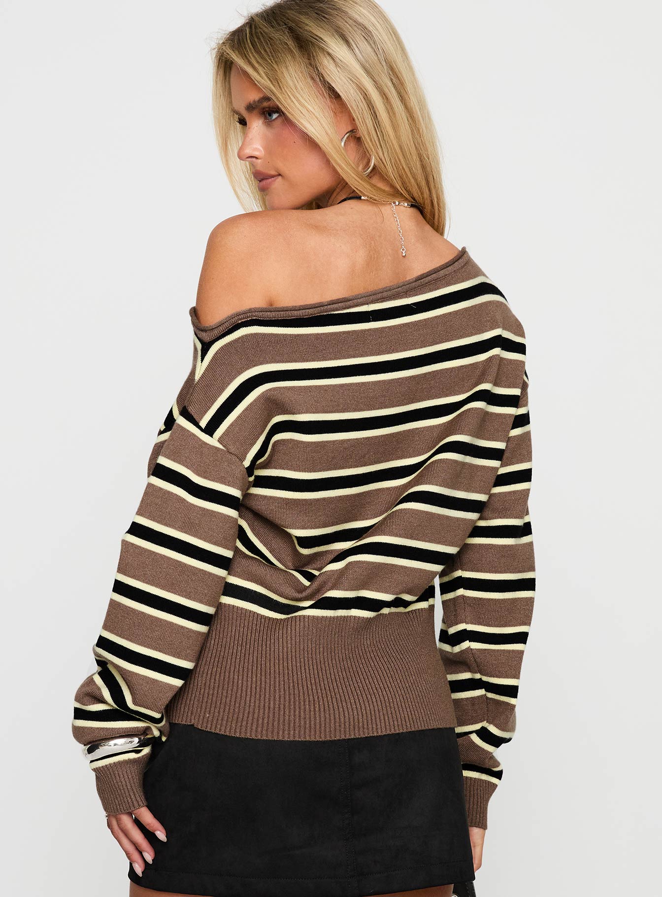 back view of model wearing Princess Polly Jalira Jumper Brown Stripe Long 