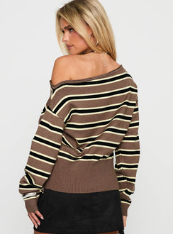 back view of model wearing Princess Polly Jalira Jumper Brown Stripe Long 