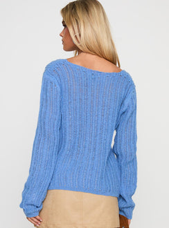 back view of model wearing Princess Polly Lenker Knit Jumper Blue Long 