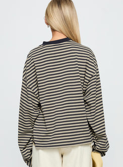 back view of model wearing Princess Polly Bloom Long Sleeve Top Beige Stripe Full Sleeves Crew Neck 