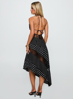 back view of model wearing Princess Polly Down With Love Asymmetrical Midi Dress Black / White Polka Plunger 