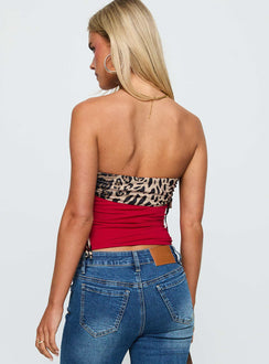 back view of model wearing Princess Polly Wild Encore Strapless Top Red / Leopard Sleeveless straight 