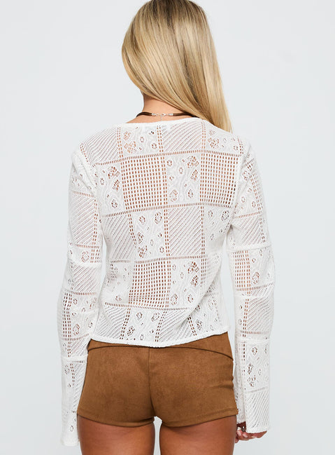 back view of model wearing Princess Polly Mine For Life Crochet Long Sleeve Top White Full Sleeves Crew Neck 