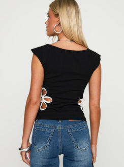 back view of model wearing Princess Polly Currents Cut Out Detail Top Black Sleeveless Crew Neck 