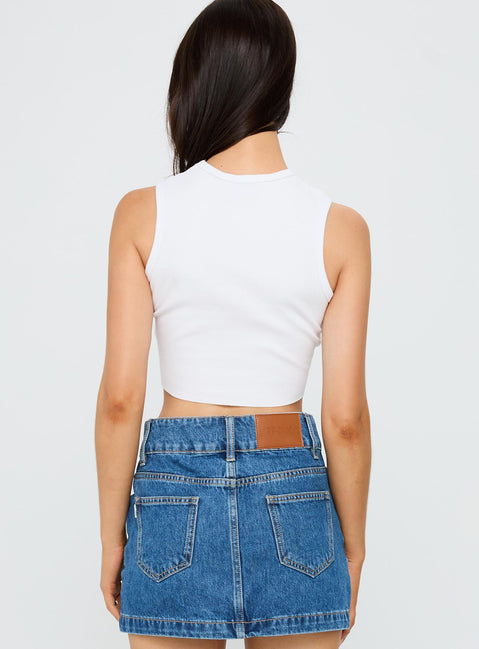back view of model wearing Princess Polly Boston University Cutoff Tank Top White Sleeveless Crew Neck 