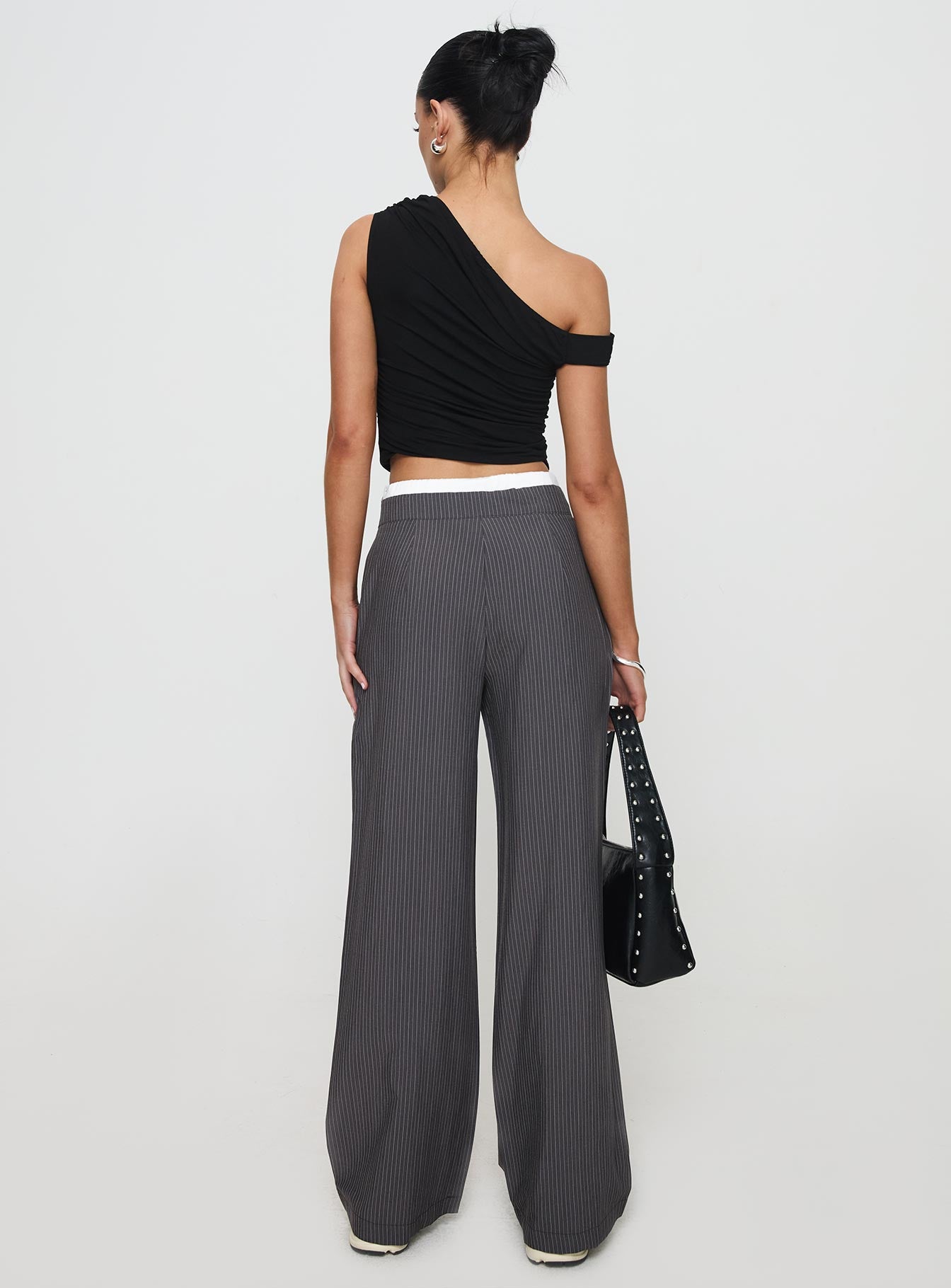 back view of model wearing Princess Polly Auclaire Pinstripe Pant Charcoal High Waisted Pants 