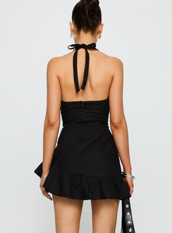 back view of model wearing Princess Polly Solistaire Halter Mini Dress Black Plunger 