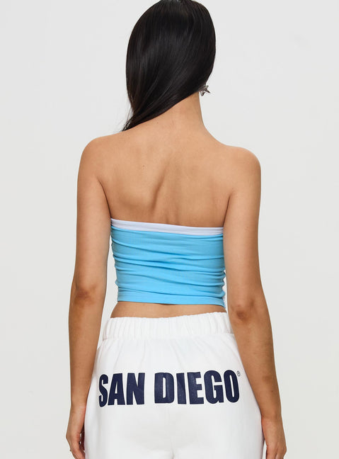 back view of model wearing Princess Polly USD All Star Tube Top Blue Sleeveless straight 