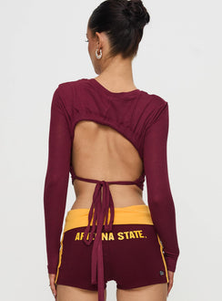 back view of model wearing Princess Polly ASU Bring It Back Top Maroon Full Sleeves Crew Neck 