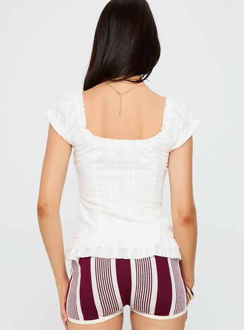 back view of model wearing Princess Polly Suiter Frill Detail Top White Short Sleeves Sweetheart 