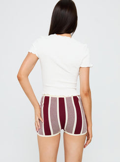 back view of model wearing Princess Polly Annisten Knit Shorts Red / Cream Stripe High Waisted Shorts 