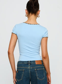 back view of model wearing Princess Polly Torissa Top Blue Short Sleeves Crew Neck 
