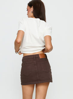 back view of model wearing Princess Polly Nickei Denim Mini Skirt Chocolate Mini Skirts 