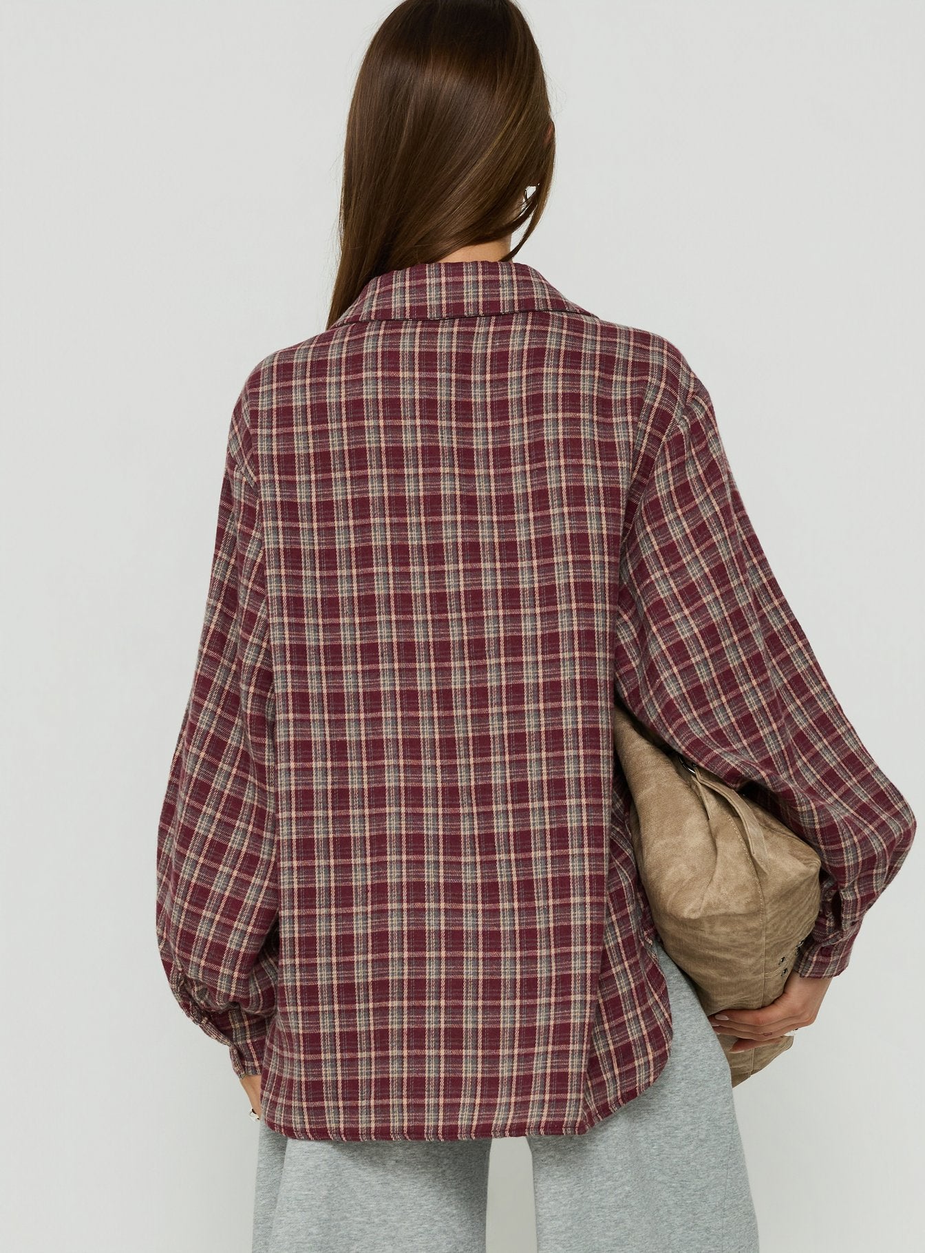 Caydence Long Sleeve Button Down Flannel Top Burgundy Check