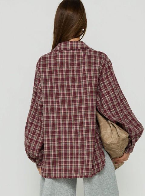 Caydence Long Sleeve Button Down Flannel Top Burgundy Check