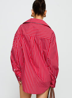 back view of model wearing Princess Polly Kodhi Oversized Long Sleeve Top Red Stripe Full Sleeves V-Neck 