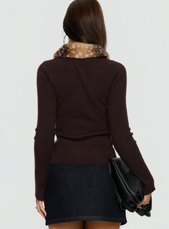 back view of model wearing Princess Polly Chiqueeta Faux Fur Trim Knit Cardigan Brown 