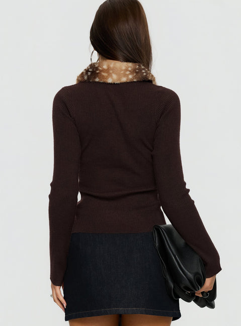 back view of model wearing Princess Polly Chiqueeta Faux Fur Trim Knit Cardigan Brown 