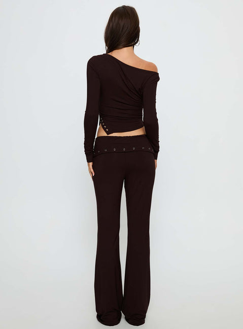 back view of model wearing Princess Polly Wynna Eyelet Foldover Pants Chocolate Low Rise Pants 