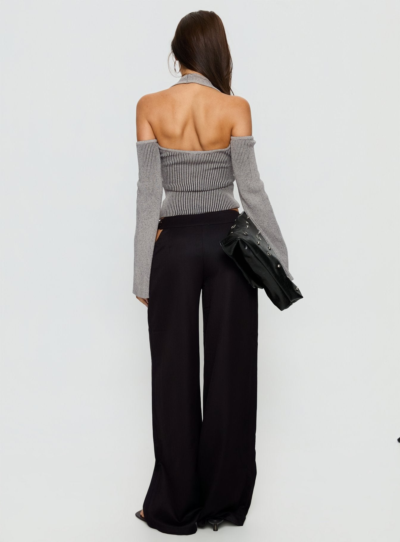 back view of model wearing Princess Polly Venicia Belt Detail Suiting Pant Black Pinstripe Mid Rise Pants 