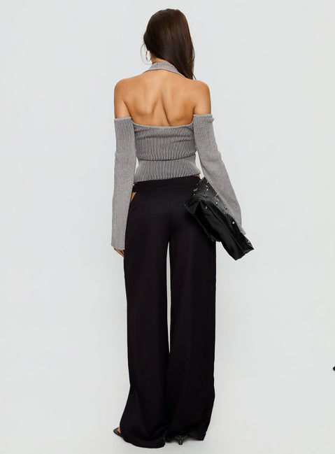 back view of model wearing Princess Polly Venicia Belt Detail Suiting Pant Black Pinstripe Mid Rise Pants 