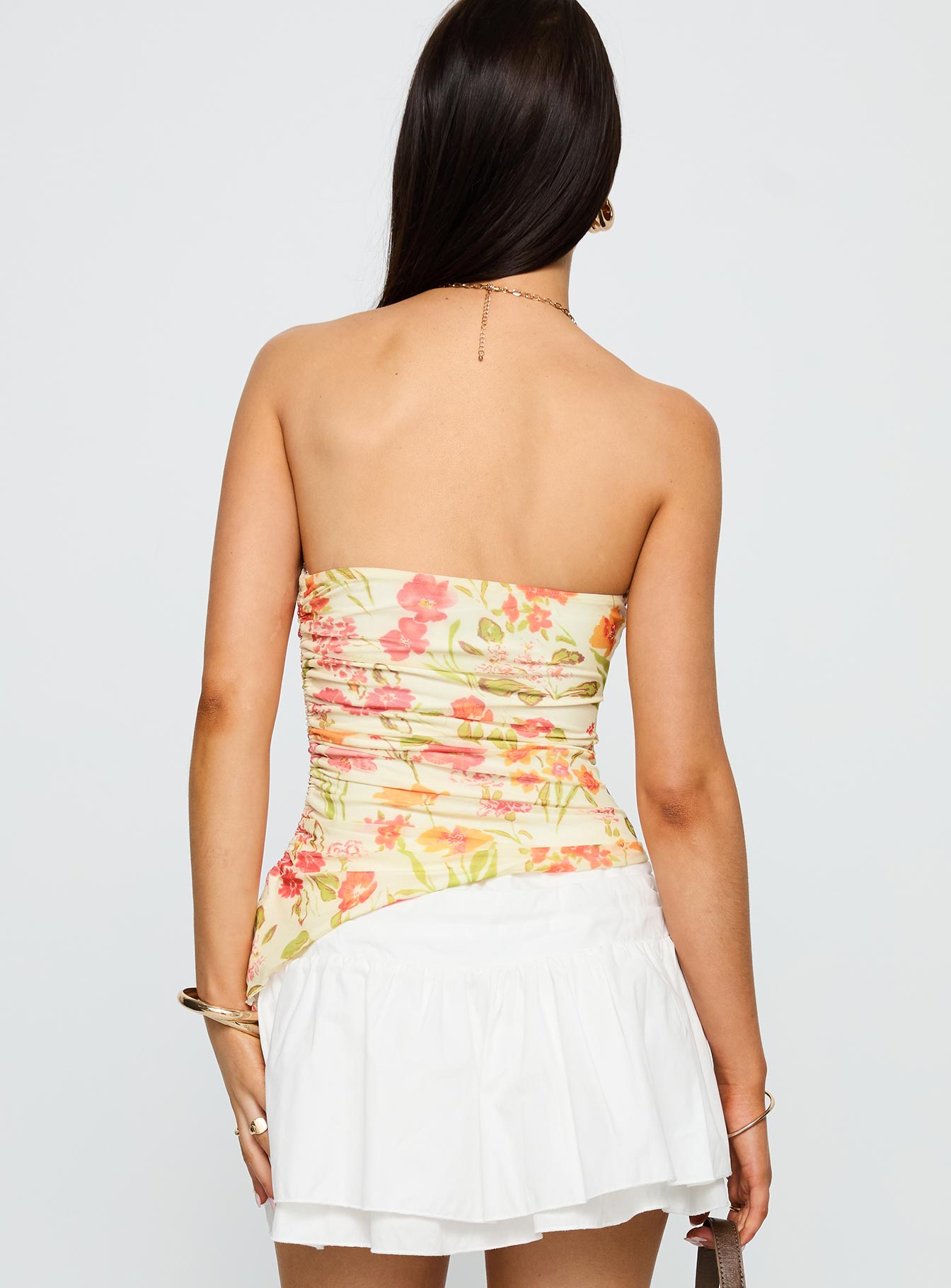 back view of model wearing Princess Polly Heidan Strapless Top Red Floral Sleeveless straight 