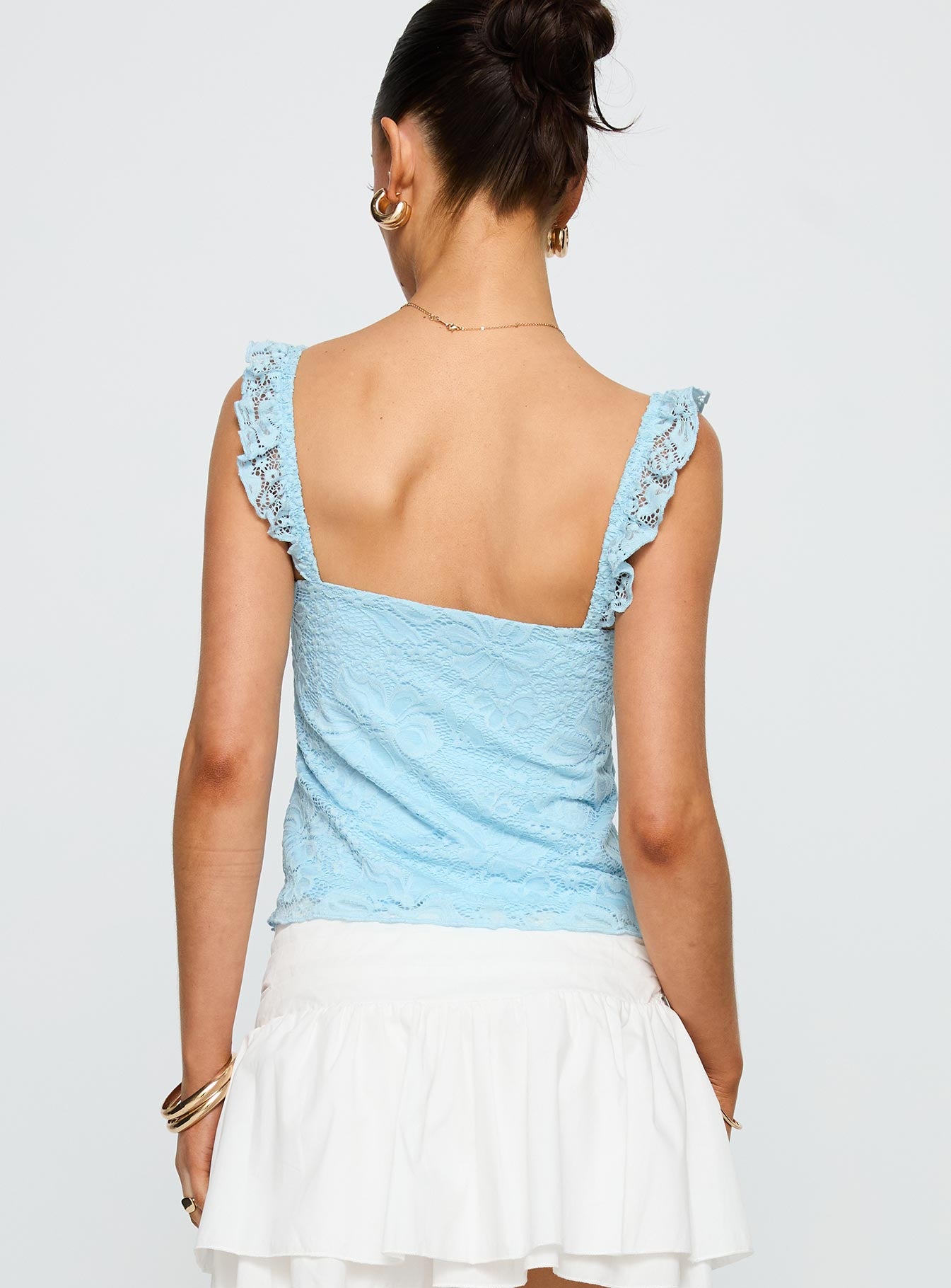 back view of model wearing Princess Polly Madaleine Lace Top Blue Sleeveless Scoop Neck 