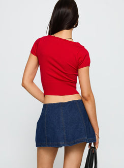 back view of model wearing Princess Polly Lemoni Skort Denim Blue Low Rise Shorts 