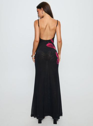 open lace back dress Katrine Flower Maxi Dress Black