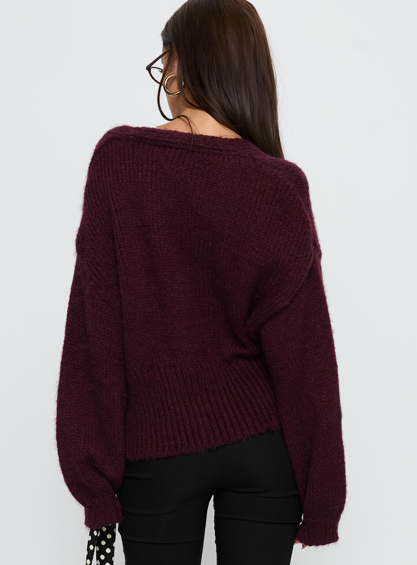 back view of model wearing Princess Polly Yasmyn Knit Cardigan Burgundy 
