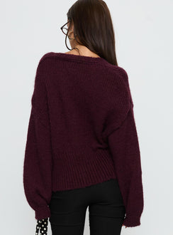 back view of model wearing Princess Polly Yasmyn Knit Cardigan Burgundy 