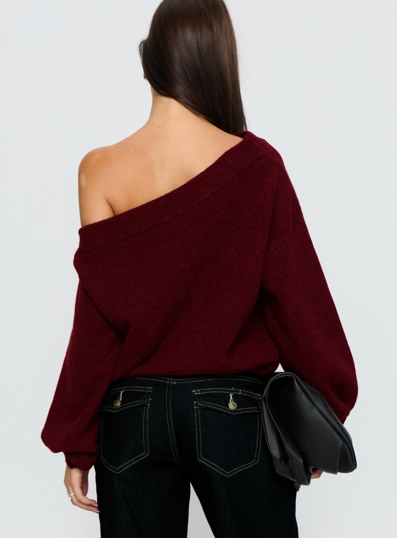 back view of model wearing Princess Polly Noble Off The Shoulder Sweater Red Cropped Jumpers 