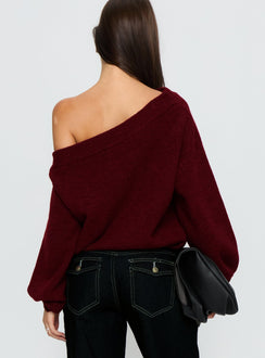 back view of model wearing Princess Polly Noble Off The Shoulder Sweater Red Cropped Jumpers 