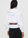 back view of model wearing Princess Polly Harvard Raglan Zip Up White / Red 