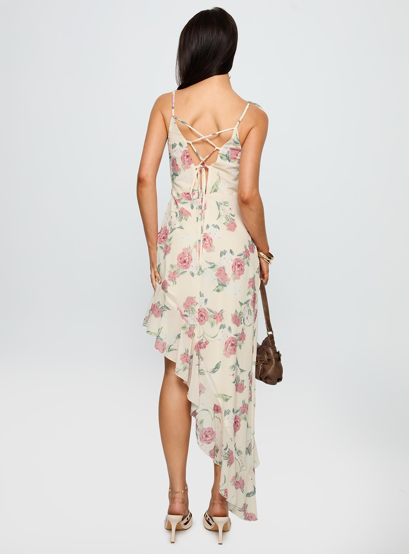 back view of model wearing Princess Polly Chrysalis Asymmetrical Midi Dress Multi Floral V-Neck 