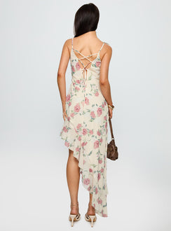 back view of model wearing Princess Polly Chrysalis Asymmetrical Midi Dress Multi Floral V-Neck 