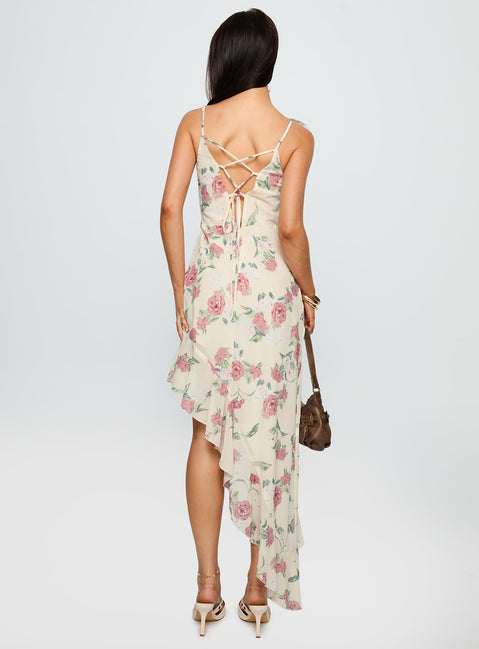 back view of model wearing Princess Polly Chrysalis Asymmetrical Midi Dress Multi Floral V-Neck 