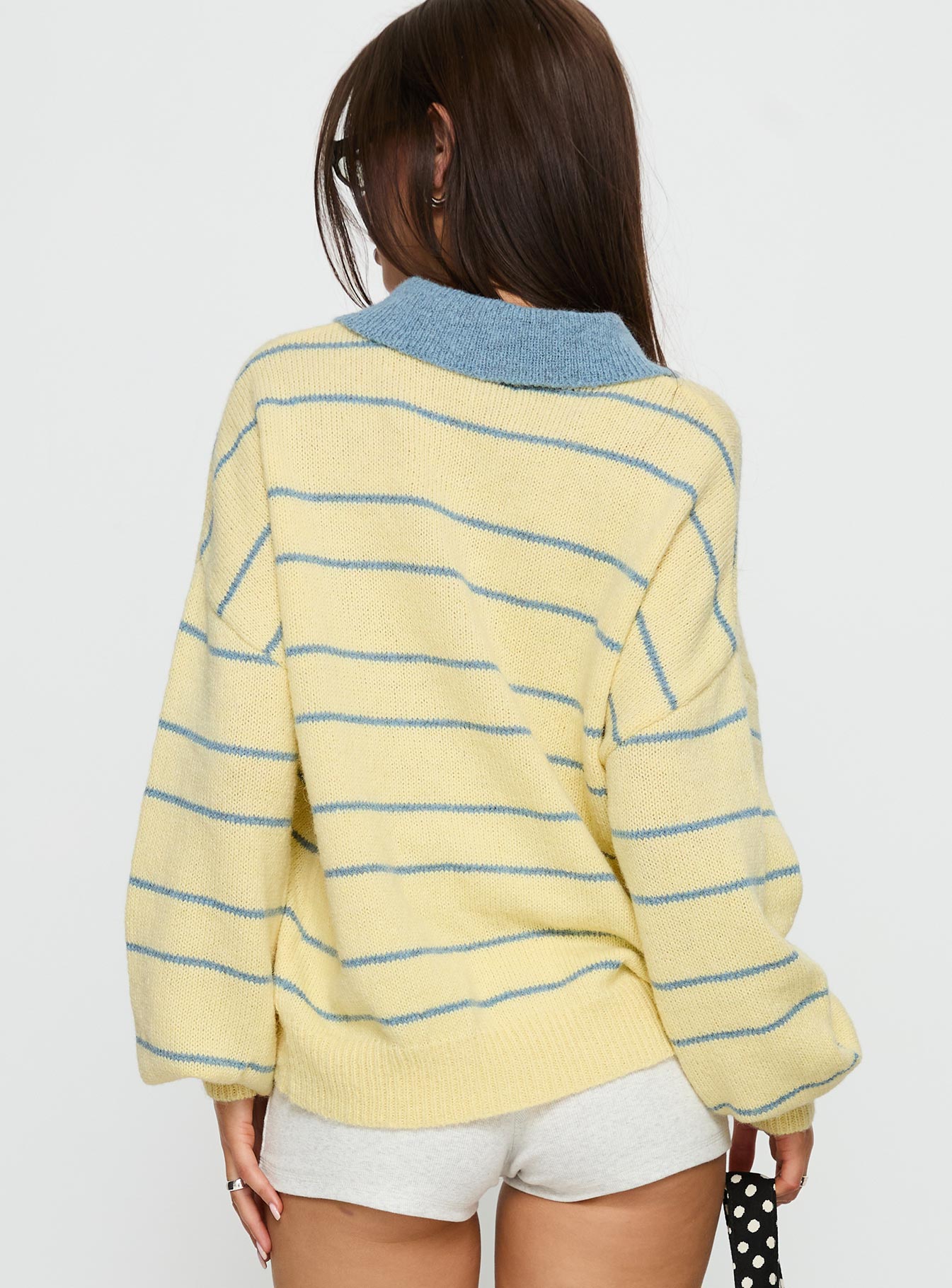 back view of model wearing Princess Polly Minda Collared Knit Sweater Yellow Stripe 