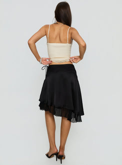 back view of model wearing Princess Polly Rosemead Satin Midi Skirt Black Midi Skirts 