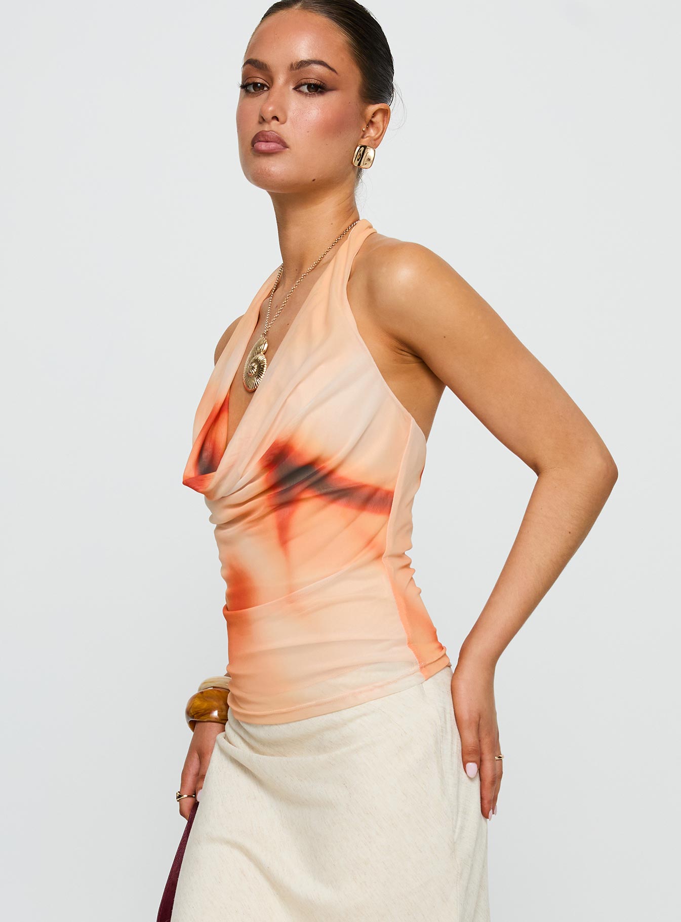 side view of model wearing Princess Polly Do It Again Cowl Neck Top Orange Multi Sleeveless Cowl 